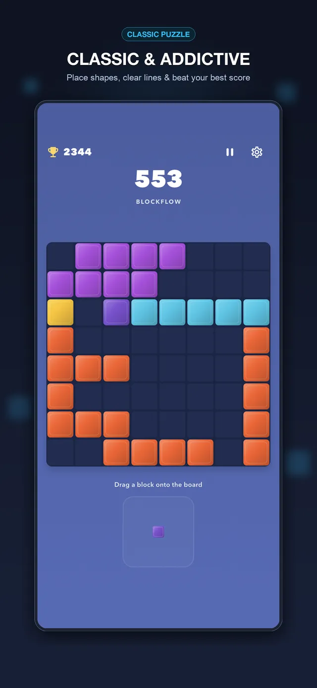 Block Flow classic puzzle board showing colorful block shapes ready to place