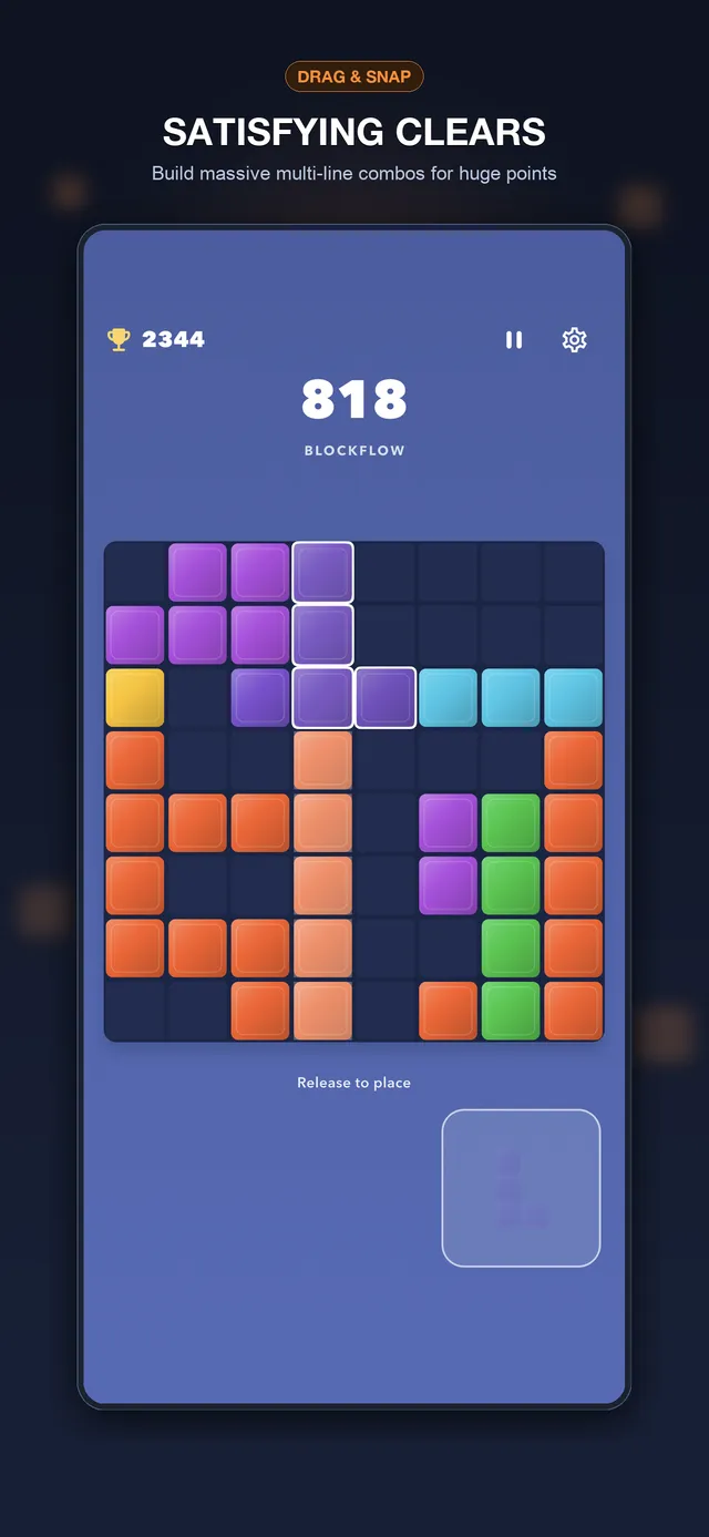 Block Flow gameplay showing a multi-line clear combo with glowing visual effects