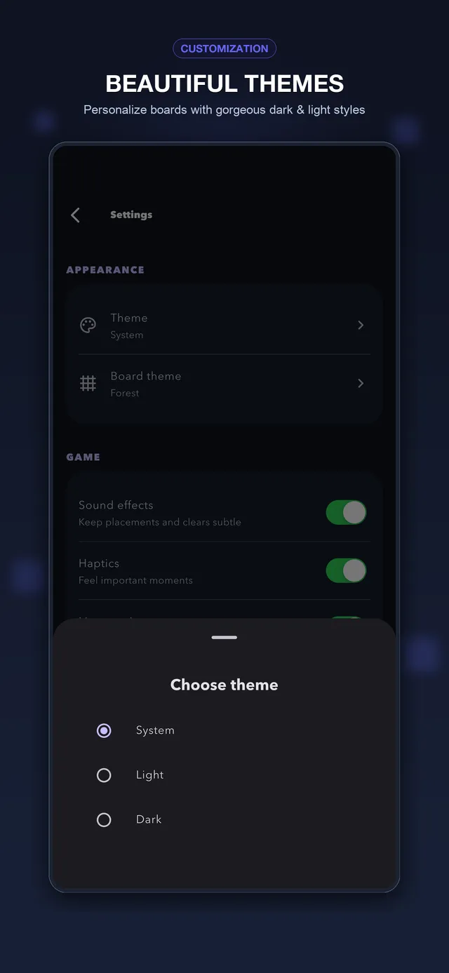 Block Flow settings screen with theme customization and options