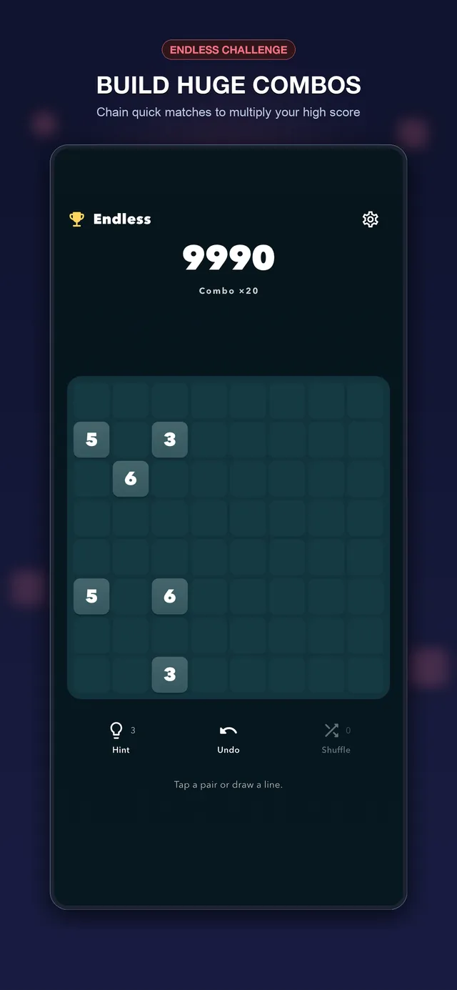 TenPair endless mode with a 20-match combo on the ocean-themed board