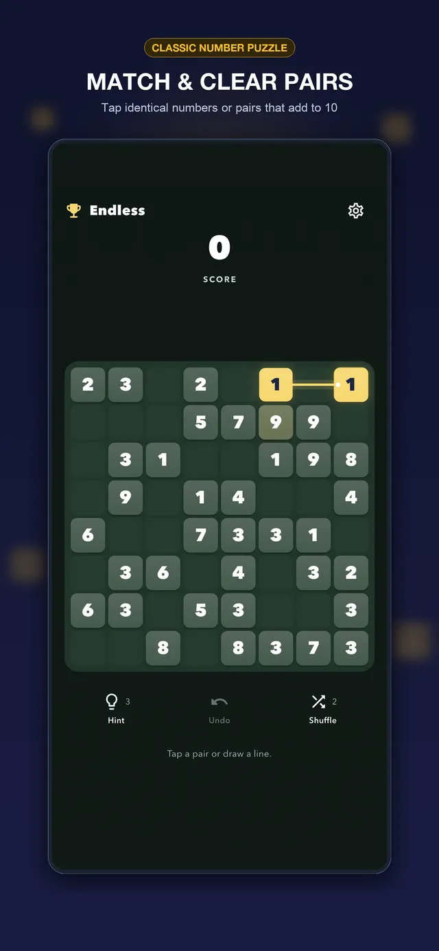 TenPair gameplay showing two matching ones connected across a green number board