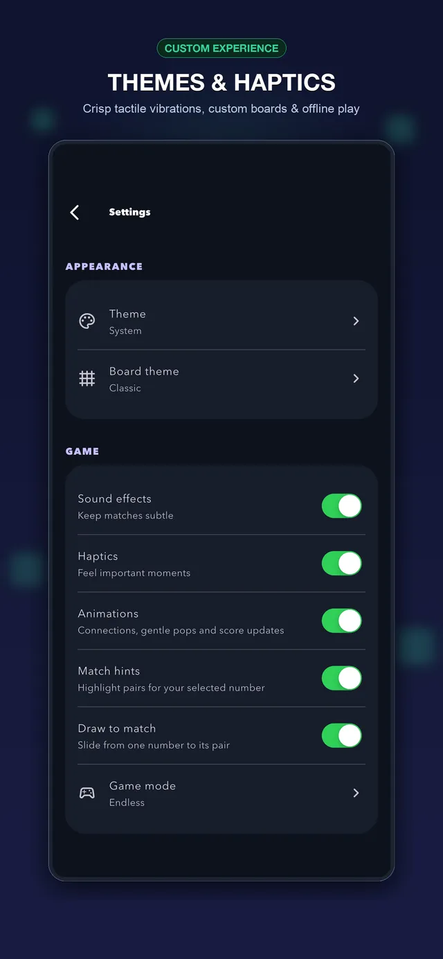TenPair settings for themes, sound, haptics, animations, and draw-to-match controls